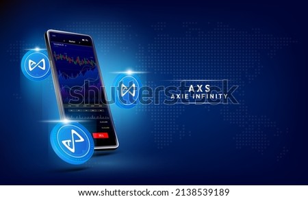 Axie infinity coin and Phone. App for trading crypto currency on the touch screen smartphone. Data analytics stock market. Trends and financial strategy. Mobile banking cryptocurrency. Vector 3d. 