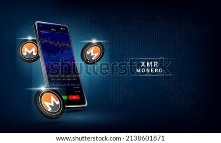 Monero coin and Phone. App for trading crypto currency on the touch screen smartphone. Data analytics stock market. Trends and financial strategy. Mobile banking cryptocurrency. Vector 3d. 