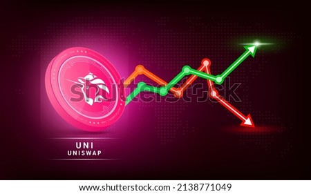 Uniswap coin pink. Cryptocurrency token symbol with stock market investment trading graph green and red. Coin icon on dark  background. Economic trends business concept. 3D Vector illustration.