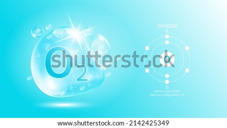Drop water oxygen O2 molecule bubbles blue and chemical formulas. Natural gas. Electron diagram. Chemical element and atomic number. Ecology and biochemistry concept. 3D Vector Illustration.