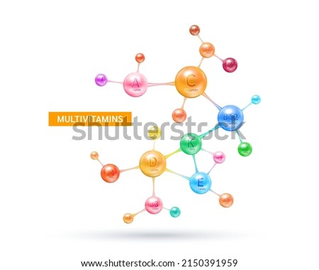 Multivitamins capsules complex, minerals in molecular form. Vitamin isolated on white background vector. Dietary supplement for pharmacy advertisement, vitamins package design. Science medic concept.