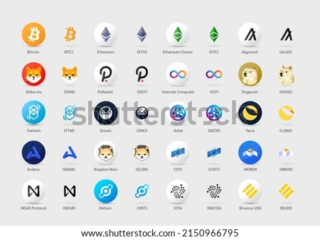 A set of coins for color version crypto currency logo. Cryptocurrency coin symbol and icon. Token currency on blockchain stock market future internet. Isolated on white background. Vector EPS10.