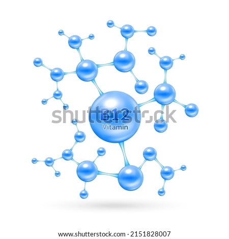 Vitamin B12 complex and minerals in molecular form. Dietary supplement for pharmacy advertisement. Science medic concept. Blue vitamin isolated on white background. Vector EPS10.
