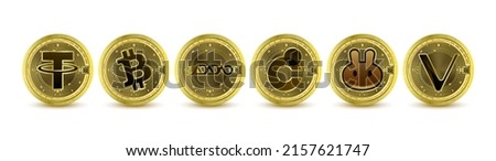 Golden token cryptocurrency. Future currency on blockchain stock market digital online. Coins crypto currencies Tether, Adadao, Bitcoin Cash, Chromia, PancakeSwap, VeChain. Isolated Vector.