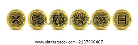 Golden token cryptocurrency. Future currency on blockchain stock market digital online. Coins crypto currencies XRP, UNUS SED LEO, Polygon, Injective, Uniswap, Hedera. Isolated Vector.