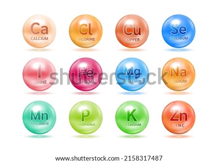 Minerals and Vitamin complex supplement set. Medical concept. Isolated on a white background 3D Vector. Icons Calcium Magnesium Zinc Iron Iodine Manganese Copper Potassium Selenium.