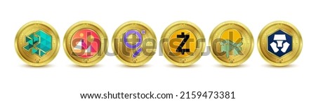 Gold token cryptocurrency. Future currency on blockchain stock market digital online. Gold coins crypto currencies Decentraland, Yield Guild Games,  Zcash, IoTeX, Crypto.com,Moonriver. Isolated Vector