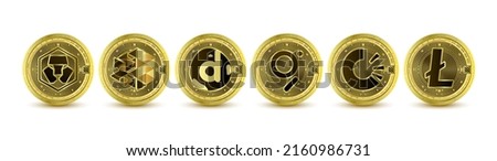 Golden token cryptocurrency. Future currency on blockchain stock market digital online. Coins crypto currencies IoTeX , Crypto.com, The Graph, district0x, Litecoin, OriginTrail. Isolated Vector.