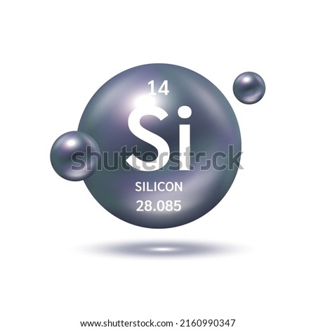 Silicon molecule models black and chemical formulas scientific element. Ecology and biochemistry concept. Isolated spheres on white background. 3D Vector Illustration.
