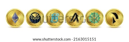Coin crypto currencies Ethereum, Algorand, Fantom, Gnosis, Power Ledger, Raiden Network Token. Future currency on blockchain stock market. Gold token cryptocurrency. Isolated Vector.
