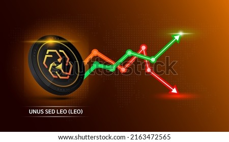 UNUS SED LEO coin black. Cryptocurrency token symbol with stock market investment trading graph green and red. Economic trends business concept. 3D Vector illustration.