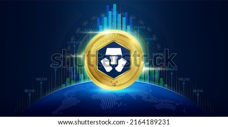 Crypto.com coin cryptocurrency with growth chart. Token crypto currency digital in blockchain stock market. Financial investment crypto trend trading concept. Banner for news on world map. Vector.