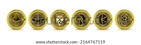 Gold token cryptocurrency. Future currency on blockchain stock market digital. Coin crypto currencies Fantom, Ethereum, Gnosis, Kyder Network, Minifootball, Raiden Network Token. Isolated Vector.