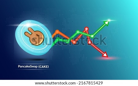 PancakeSwap coin blue. Cryptocurrency token symbol with stock market investment trading graph green and red. Economic trends business concept. 3D Vector illustration.