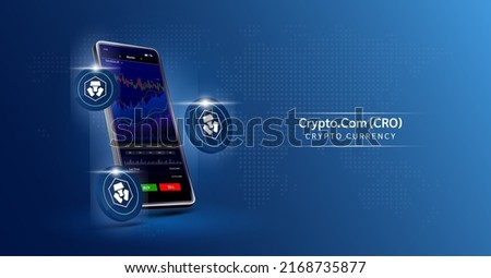 Crypto.Com coin and Phone. App for trading crypto currency on the touch screen smartphone. Data analytics stock market. Mobile banking cryptocurrency. Vector 3d. 