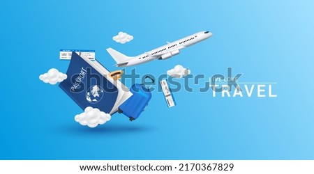 Luggage blue, air ticket float away from passport with airplane is taking off and cloud. Can for making advertising media about tourism. Travel transport concept. 3D Vector EPS10.