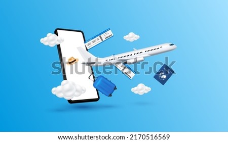 Luggage blue, air ticket float away from smartphone with airplane is taking off and cloud. Can for making advertising media about tourism. Travel transport concept. 3D Vector EPS10.