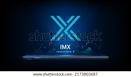 Immutable X cryptocurrency symbol come out from smartphone with growth chart. Trading crypto currency on application. Financial investment banner for news or website. Icon coin token vector EPS10.