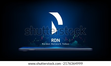 Raiden Network Token cryptocurrency symbol come out from smartphone with growth chart. Trading crypto currency on application. Financial investment banner for news or website. Icon coin token vector.