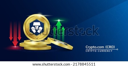 crypto.com token cryptocurrency banner. Future currency on blockchain stock market with red-green arrows up and down. Gold coins crypto currencies. Banner for news on a solid background. 3D Vector.