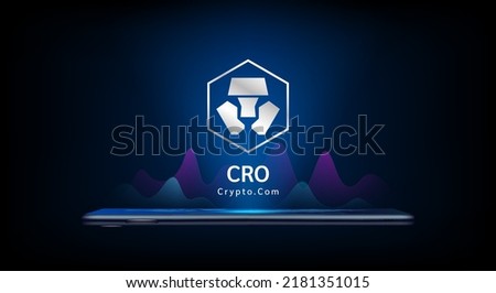 Crypto.com coin icon crypto currency token symbol come out from smartphone with growth chart. Trading cryptocurrency on application. Financial investment. Banner for website or news. Vector EPS10.