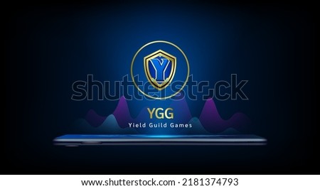 Yield Guild Games coin icon crypto currency token symbol come out from smartphone with growth chart. Trading cryptocurrency on application. Financial investment. Banner for website or news. Vector.