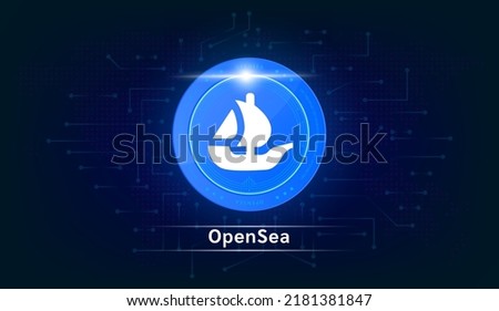 OpenSea internet platform NFT token market. Digital crypto art. Futuristic neon dark background. New trend in collectibles sales. Banner for news. 3D Vector illustration.