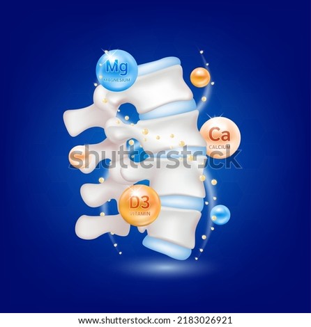 Calcium Magnesium Vitamin D3 therapy. Help heal backbone disc arthritis. Human bone anatomy. Skeleton x ray scan. Medical or healthcare concept. Realistic 3d vector bone on a blue background.