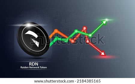 Raiden Network Token coin black. Cryptocurrency token symbol with stock market investment trading graph green and red. Economic trends business concept. 3D Vector illustration.