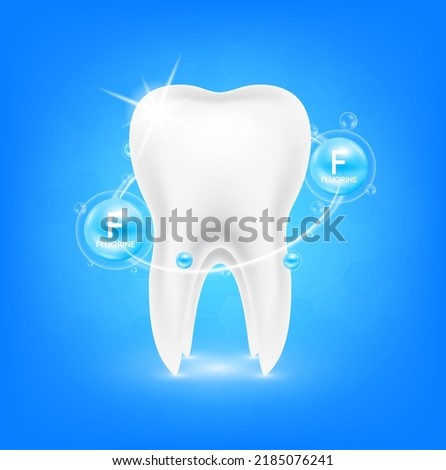Healthy tooth and bubbles fluorine radius ring surrounds. Teeth gums healthy sparkling white. Medical dentistry concept. 3D Realistic Vector.