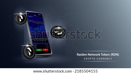 Raiden Network Token coin and Phone. App for trading crypto currency on the touch screen smartphone. Data analytics stock market. Mobile banking cryptocurrency. Vector 3d. 