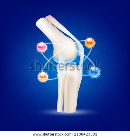 Healthy joint bone and Mineral calcium, magnesium, vitamin D3 and collagen. Radius ring surrounds on a blue background. Help heal arthritis knee. 3D realistic vector. For nutrition products design.