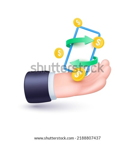 Smartphone and money dollars gold coins in hand isolated on white background. Currency exchange on mobile phone banking. Online payment concept. Hand icon 3D Vector EPS10 illustration.