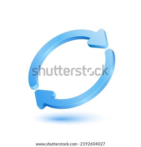 Two arrows blue circulating around refresh icon, Update symbol or download. 3D Vector EPS10. Isolated on White Background.