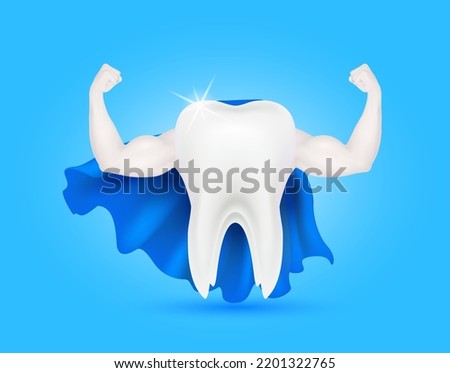 Tooth healthy sparkling and strong muscle with calcium fluorine. Teeth with blue veil isolated on a dark background. Can be used in children dentist clinic. Medical health concept. 3D vector.