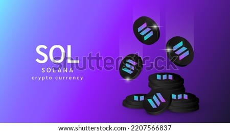 Solana coin falling or flying with pile of coins. Cryptocurrency banner. Crypto currency on purple background. Vector 3d illustration. 