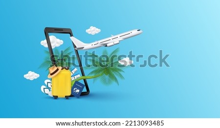 Airplane is float away from smartphone with cloud. Luggage yellow, hat, coconut tree and air ticket passport on the side. For making advertising media tourism. Travel transport concept. 3D Vector.