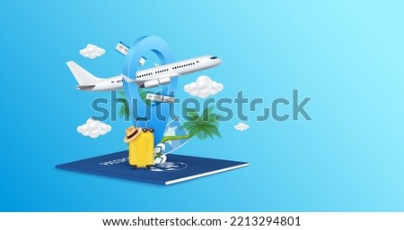 Airplane is float away from location pin and cloud. Air ticket, hat, luggage yellow, coconut tree on passport. Banner design for making ad media about tourism. Travel transport concept. 3D Vector.