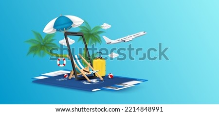 Deck chair sitting Beach umbrella in smartphone and coconut tree with travel suitcase on passport air ticket. Airplane float away. Banner for making tourism. Summer vacation concept. 3D Vector.