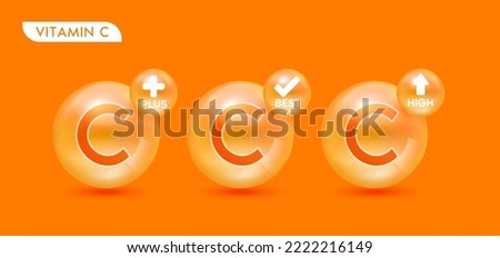 Vitamin C orange set. Vitamins plus best high. Icon 3D with medical symbols, arrows and check marks isolated on solid background. For food supplement design and beauty treatment skin care. Vector.