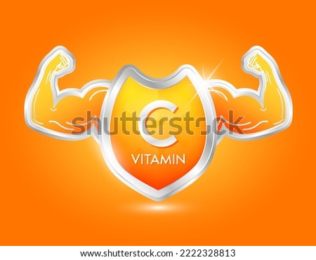 label shield aluminum vitamin C orange with arm muscles strong. Protection body stay healthy. Silver shield label sticker icon 3d isolated realistic for nutrition products food. Vector illustrator.