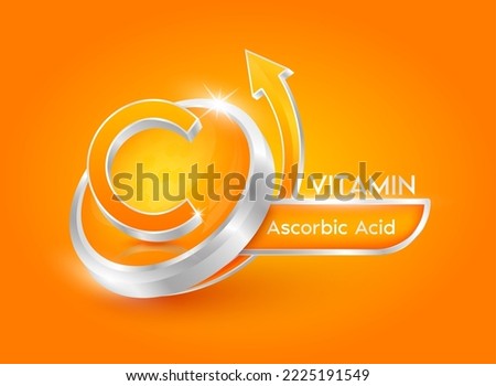 Vitamin C in circle shape orange with arrow. Used for designing dietary supplements or beauty products. Medical concepts. Isolated 3d icon. Vector EPS10 illustration.