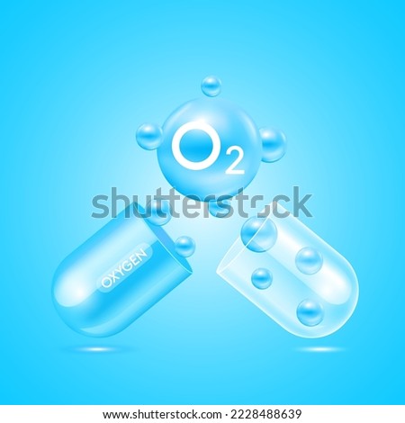 Oxygen O2 molecule models blue natural gas float out of the capsule transparent. Ecology and biochemistry concept. On solid background. 3D Vector Illustration.