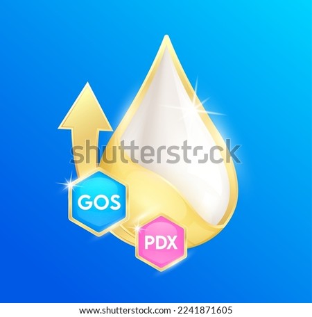 Milk droplets with GOS (Galacto oligosaccharides) PDX and golden arrow. On blue background. Essential amino acids prebiotics for body health. Products design supplement food. 3D Vector.