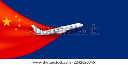 Airplane and China flag red on blue background with copy space for text. For banner making ad media about tourism. Opening country and accepting tourists concept and travel transport. 3D Vector EPS10.
