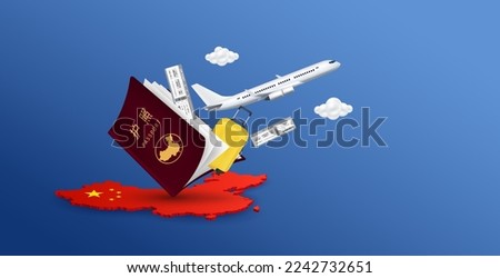 Luggage, Air ticket float away from passport with airplane is taking off on the map of China. Banner ad media about tourism. Travel transport concept. (Chinese Translation : passport) 3D Vector.