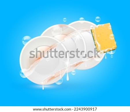 Sponge washing dirty dish. Clean shiny white dishes with water splash. Realistic isolated on blue background. For dishwashing liquid product advertisement. Vector 3d illustration.