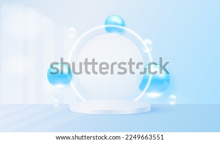 Cosmetic podium display with transparent disc and bubble, glow curve line. Stage pedestal platform. Ads cosmetics beauty skincare product. Studio blue realistic 3d luxury minimal style. Vector design.