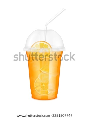 Fruit juice in clear plastic transparent cup and ice with sphere dome cap, straw tube. Fresh orange juice for design drink menu cafe or restaurants. Isolated on white background. 3D Realistic vector.