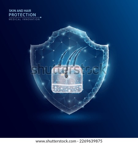 Human hair and skin anatomy organ translucent low poly triangle inside shield futuristic glowing. On dark blue background. Immunity protection medical innovation concept. Vector EPS10.